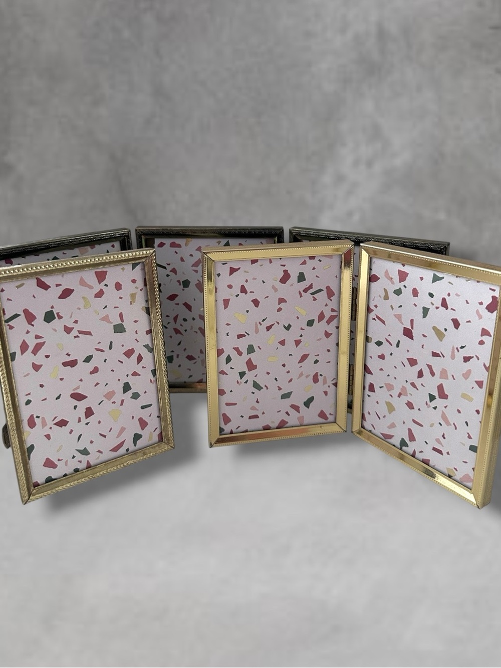 LOT OF 6 Vintage Mid-Century Mod Gold Metal Ornate Hinged 3.5x5 Photo Frames